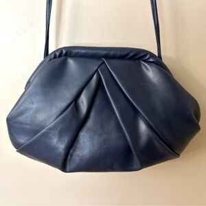 Vintage 80s Navy Blue Retro Bag BAZAAR Clamshell Purse 1980s